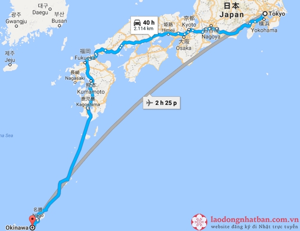từ tokyo đến okinawa là bao xa?