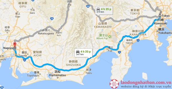khoảng cách từ Tokyo đến Nagoya là bai nhiêu km?