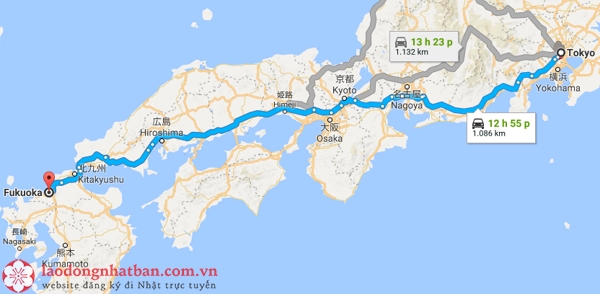 khoảng cách từ tokyo đến fukuoka