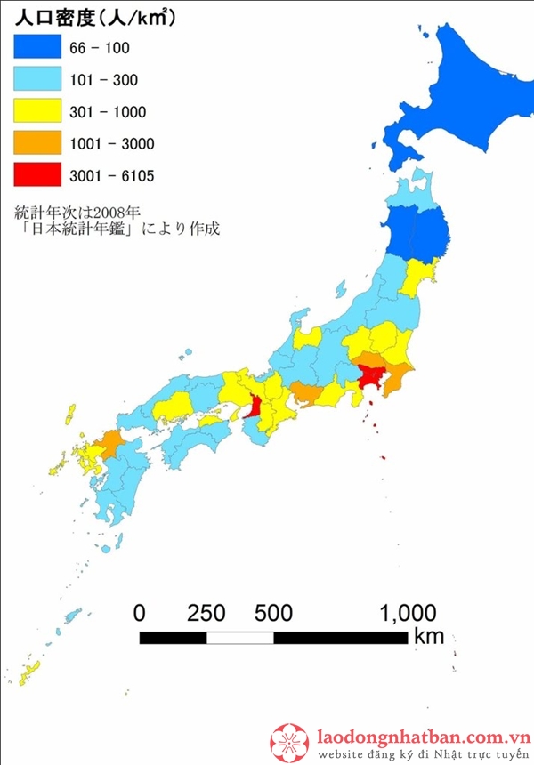 Bản đồ mật độ dân số tại Nhật Bản năm 2008