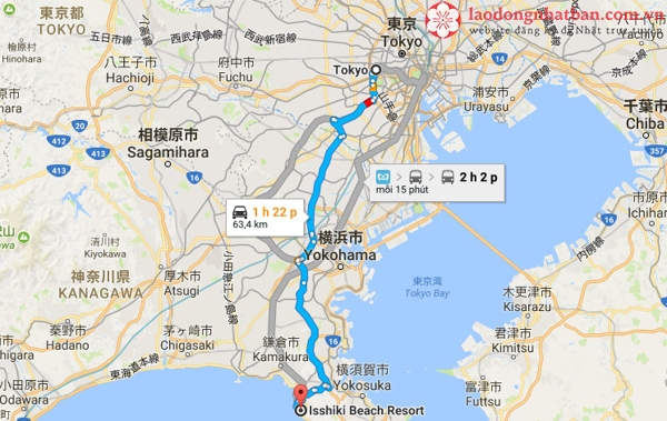khoảng cách từ tokyo đến kanagawa là bao nhiêu?
